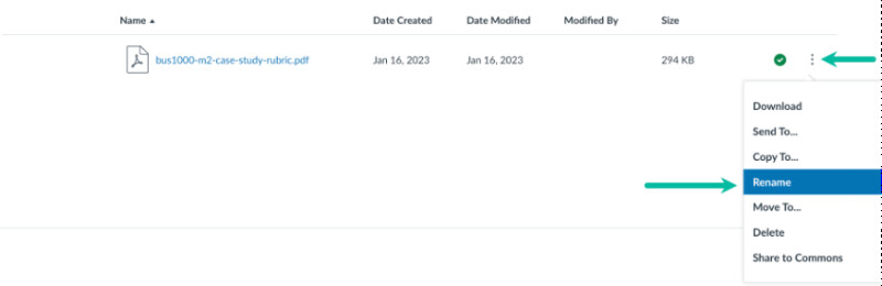 A screenshot of the Options menu icon (three vertical dots) and the options available for a file in Canvas. The "Rename" option is highlighted with an arrow.
