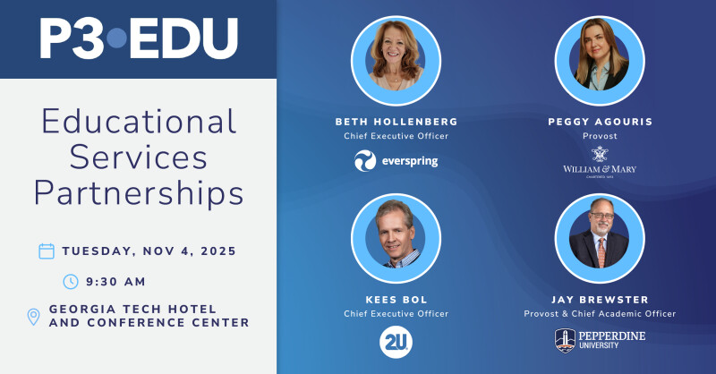 Event graphic for P3·EDU panel “Educational Services Partnerships” on Nov 4, 2025 at 9:30 AM, Georgia Tech Hotel, featuring four speakers.
