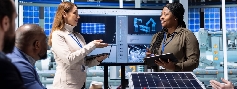 Engineers discussing technology and design in a manufacturing setting.
