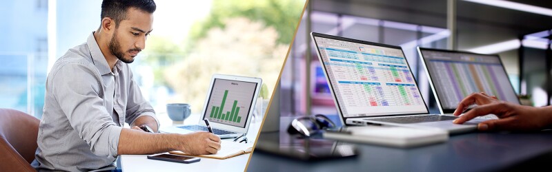 Split image with an investment manager on the left and an accountant on the right