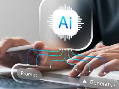 A man sits typing at a computer. An AI graphic floats in the air over the keyboard.