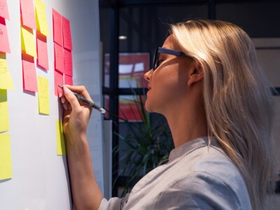Project management, product development methodologies. Woman makes notes on a whiteboard.