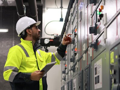 An engineer working on a machine.