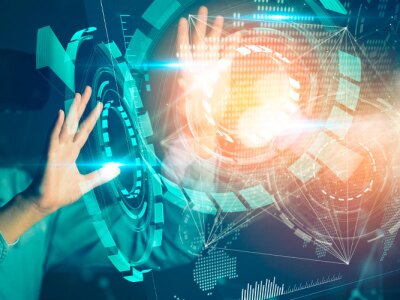 Abstract image of a medical student using a VR glasses and overlay with futuristic graphic hologram technology ideas concept.