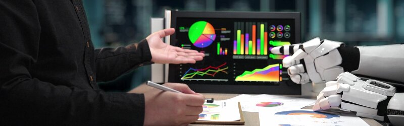 Human and AI business meeting where AI-powered analytics help streamline marketing research.