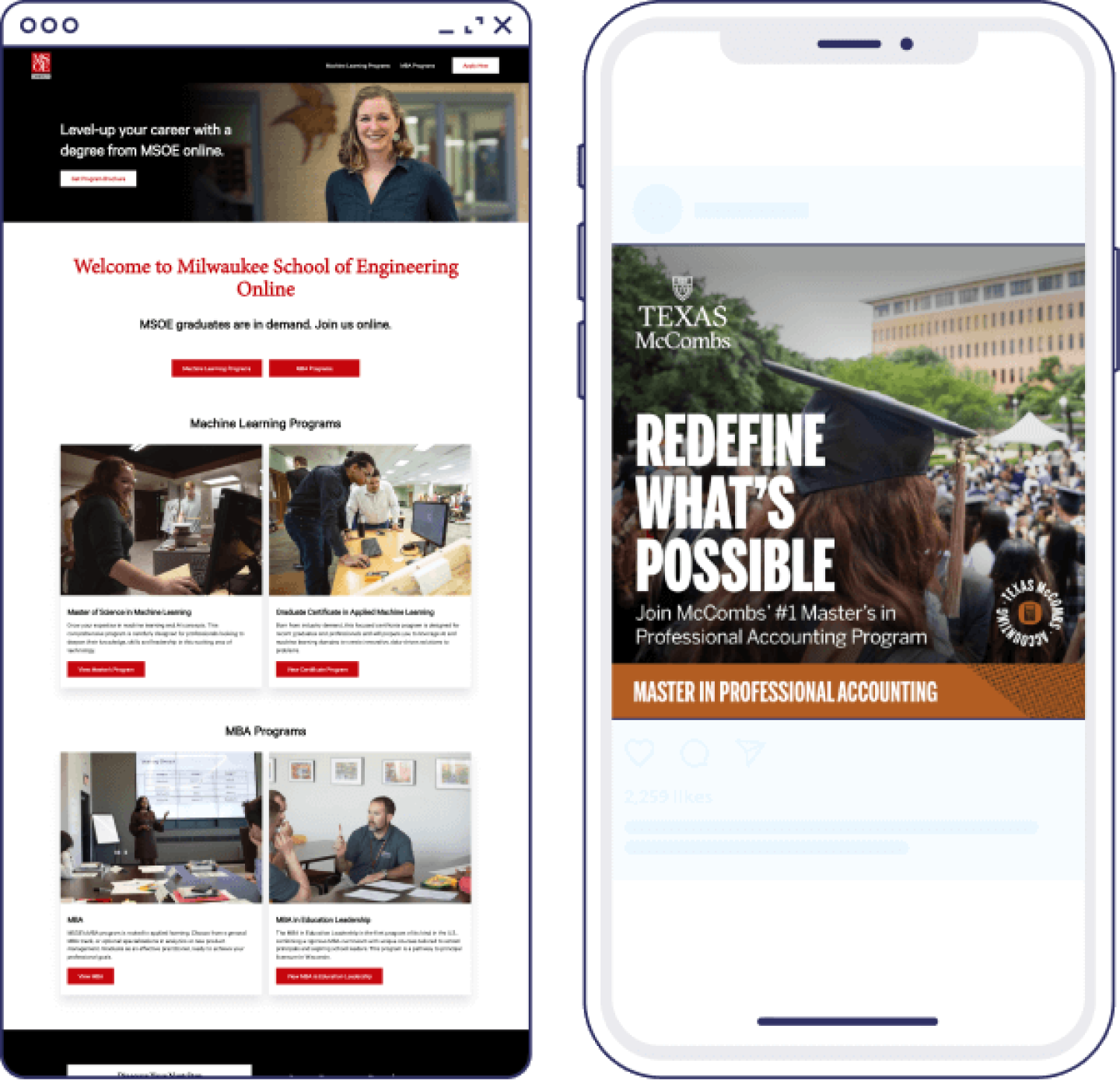 Milwaukee School of Engineering microsite and University of Textas ad displayed on mobile phone screens