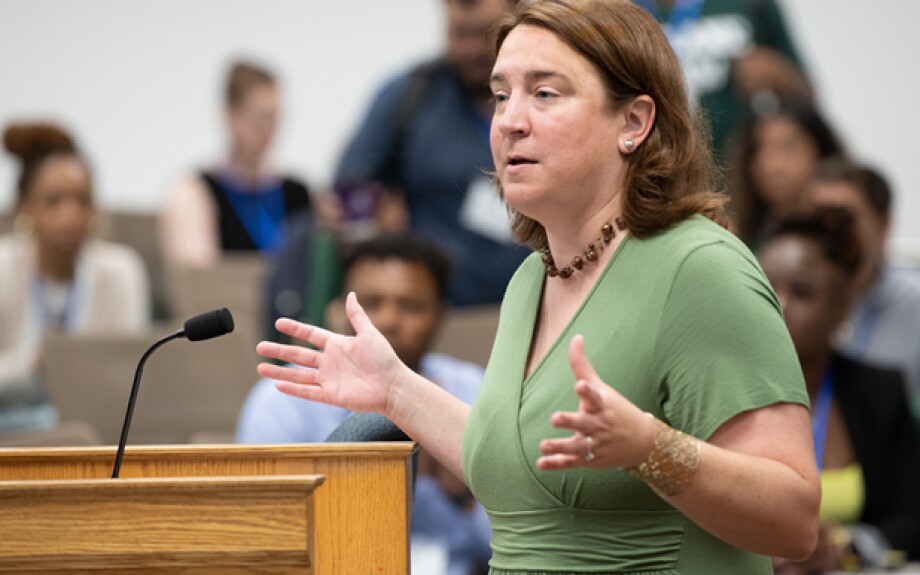 Sally Richardson, interim dean of Tulane Law School, addresses Immersion Weekend participants.