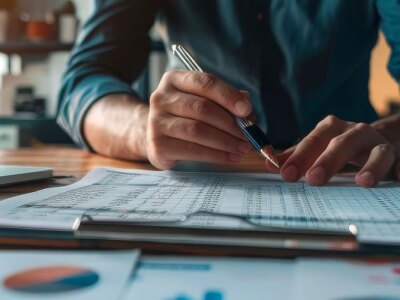 Corporate finance advisor reviewing company financial statements on a large desktop.