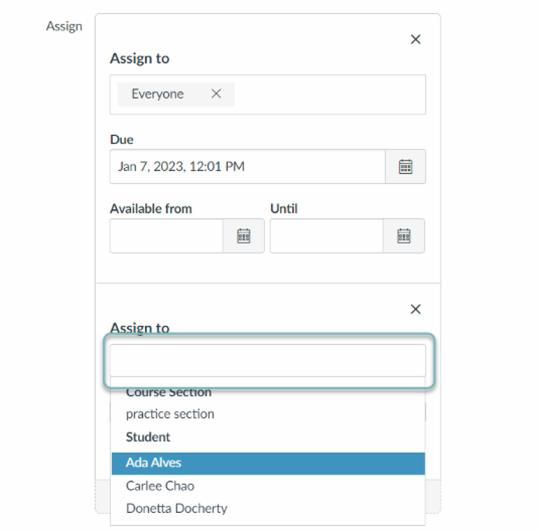 A screenshot of the "Assign to" field in the settings for an assignment