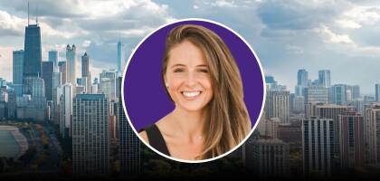 Image of Kelly Gallagher overlaid on Chicago skyline