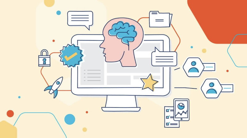 A computer overlaid with icons representing different types of learning activities