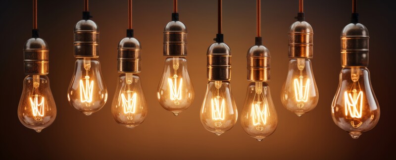 A row of eight vintage light bulbs hanging from the ceiling