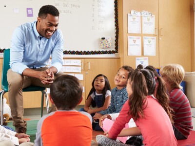 Teacher sitting in circle with preschool students