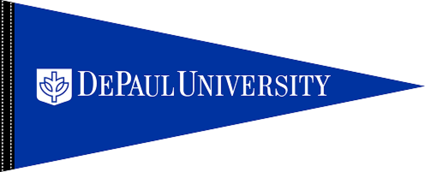 Blue DePaul University pennant flag with the university name and shield logo in white.