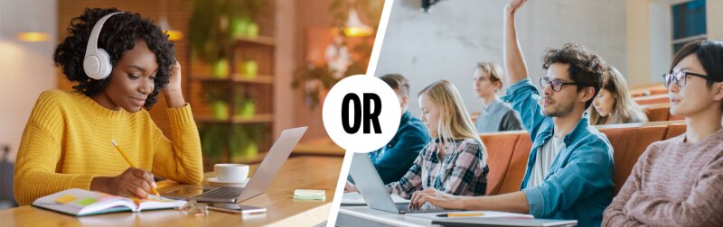 Split image of young female learning online or male student raising hand in lecture hall.