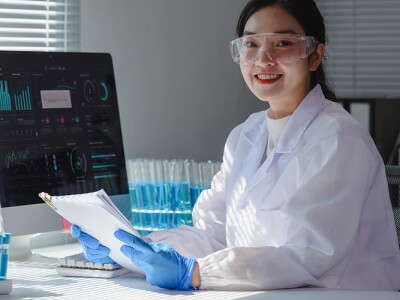Epidemiologist analyzing data on computer and holding a report in a laboratory