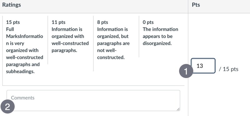 Annotated screenshot of entering a score between two set rubric values