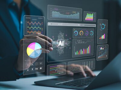 A businessman analyzes enterprise data management by AI artificial intelligence technology with a business analytics dashboard.