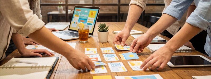 Creative team collaborates on visual content strategy for a new digital project launch.