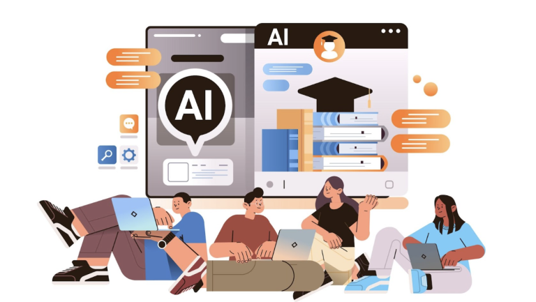A group of students in front of an AI interface.