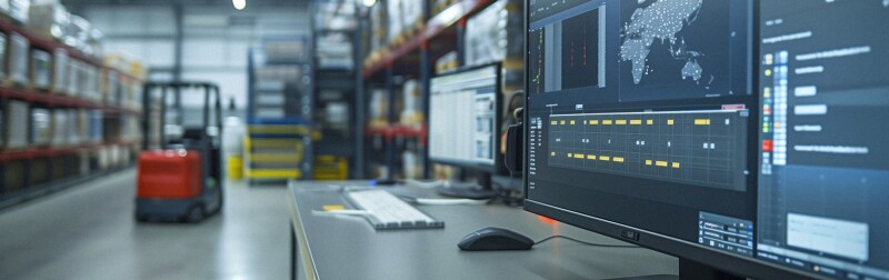 Logistics software on a monitor inside of a warehouse