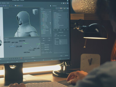 A person sitting at a desk views computer screens displaying a video game character in development.