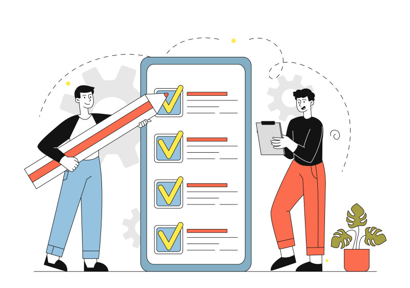 Two people checking items off a checklist