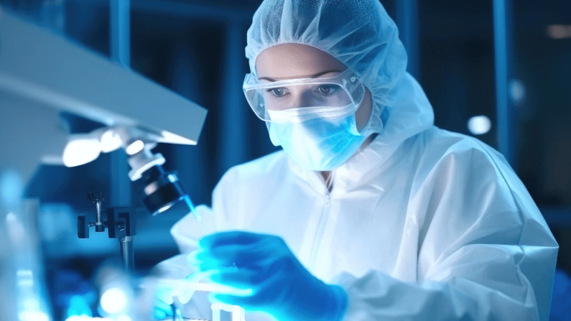Female biomedical engineer in protective clothing, hairnet and googles working at microscope