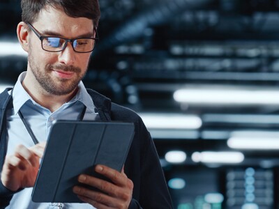IT specialist using a tablet computer at a cloud computing facility