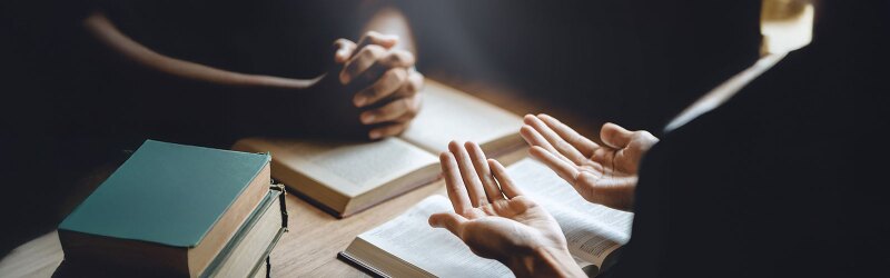 Two people discussing books.