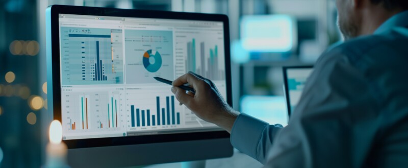 man pointing at financial charts and data on a screen