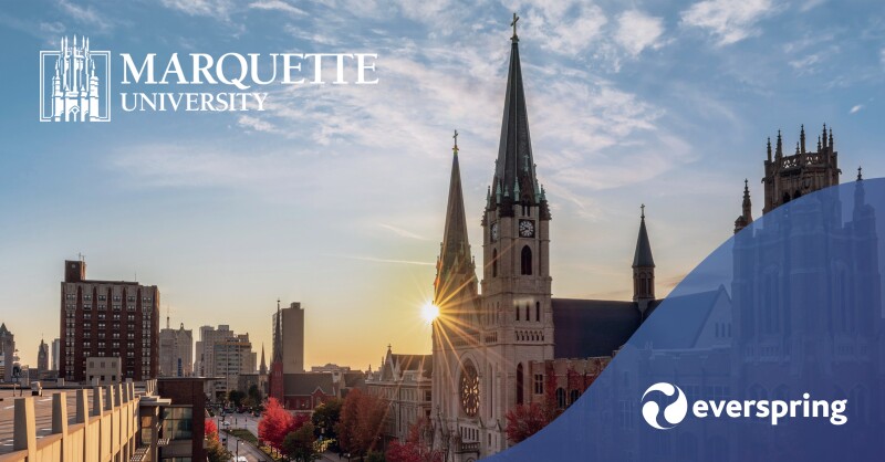Marquette University campus with logos